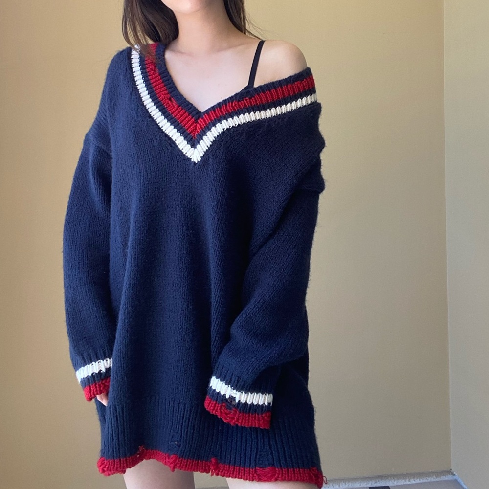 ZARA distressed varsity chunky knit sweater